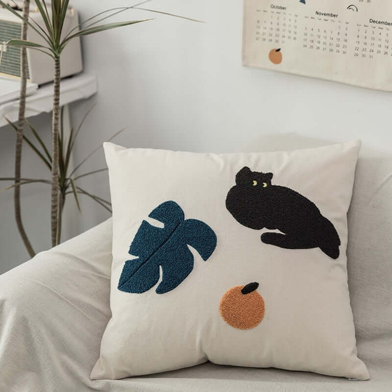Cat & Monstera Leaf Embroidered Cushion Cover
