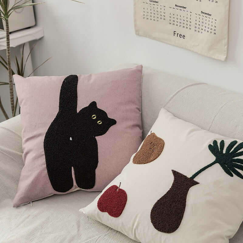 Crazy Cat & Monstera Leaf Embroidered Cushion Cover